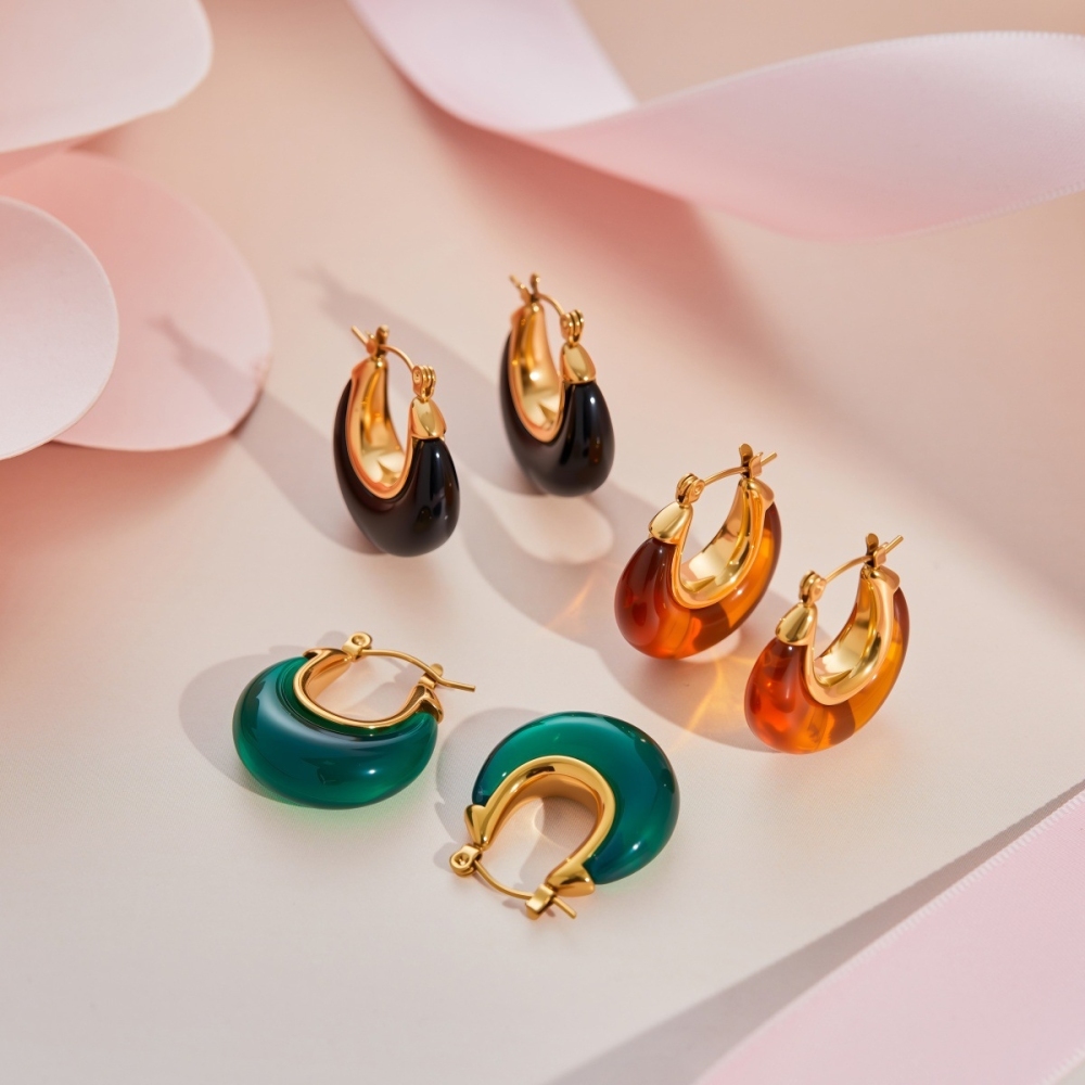 Waterproof Green Amber Resin Hoop Earrings