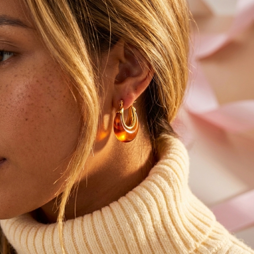 Waterproof Green Amber Resin Hoop Earrings
