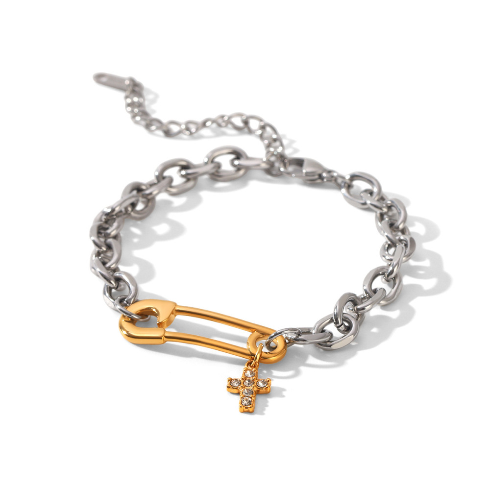 Tarnish Free Two Tone Paper Clip CZ Cross Charm Link Chain Bracelet