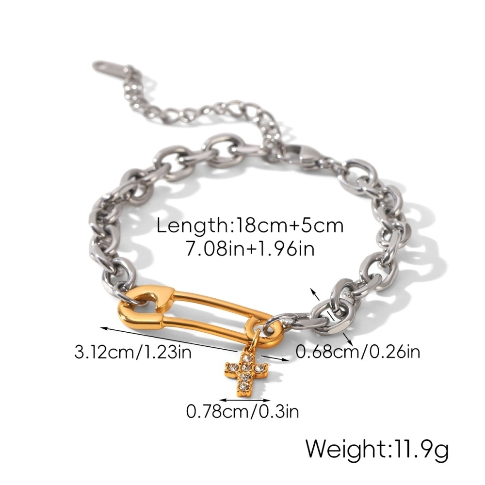 Tarnish Free Two Tone Paper Clip CZ Cross Charm Link Chain Bracelet
