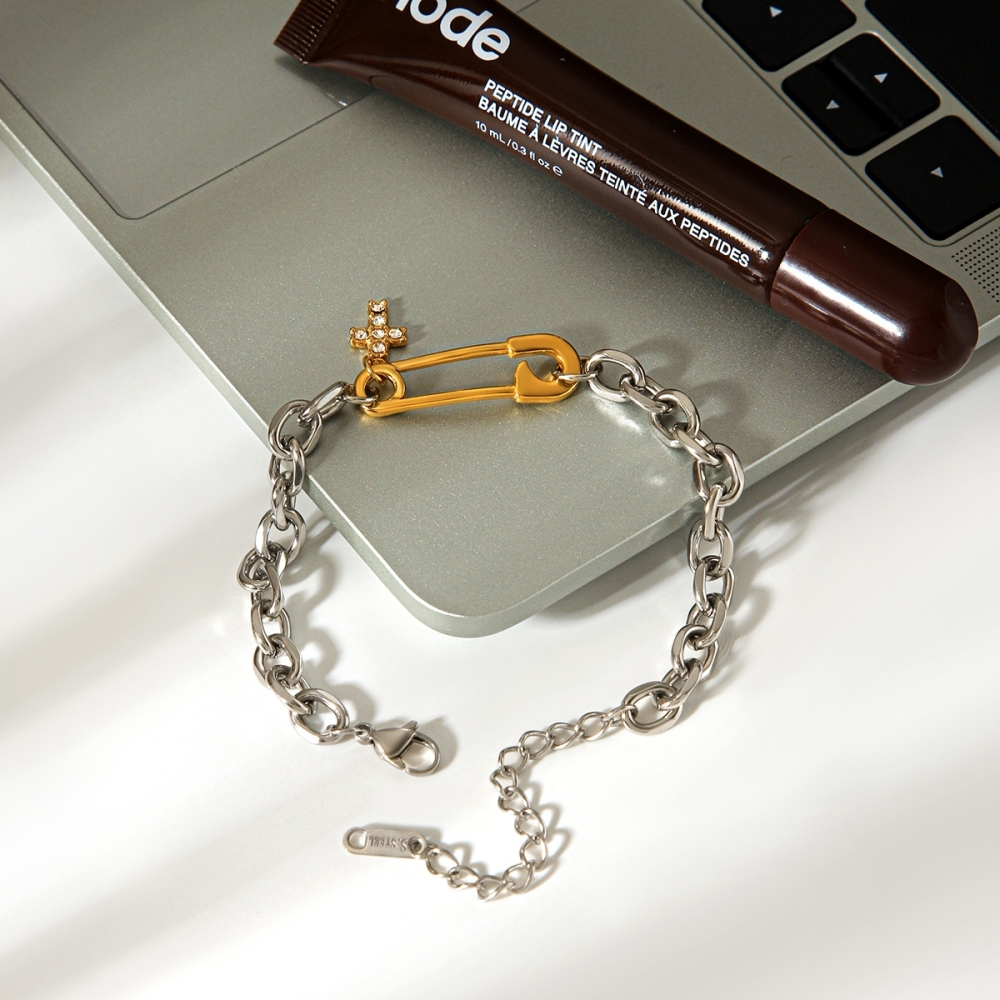 Tarnish Free Two Tone Paper Clip CZ Cross Charm Link Chain Bracelet
