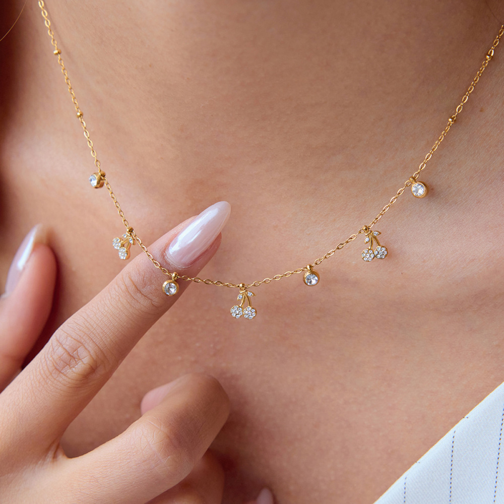 IVIAPRO Trendy CZ Cherry Charms Choker Necklace