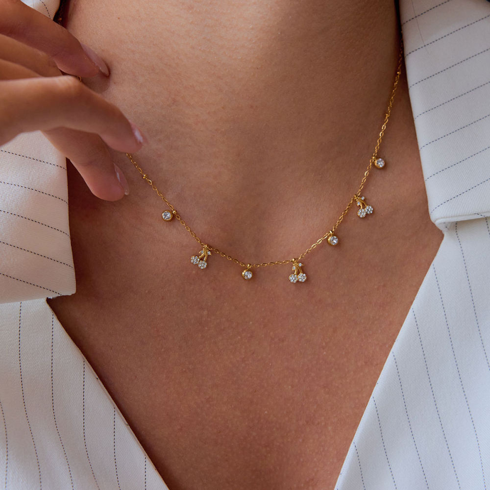 IVIAPRO Trendy CZ Cherry Charms Choker Necklace