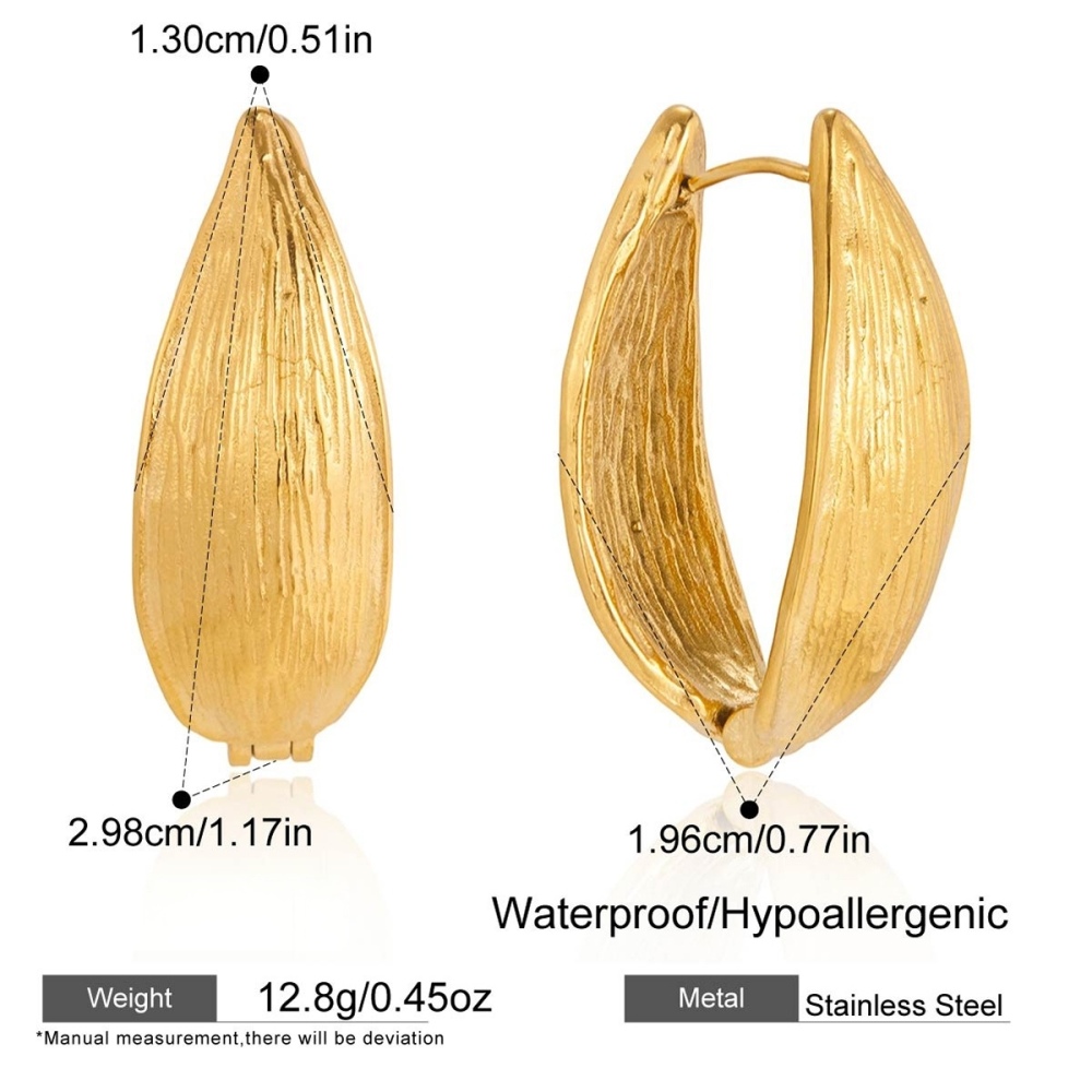 Waterproof PVD Gold Plated Leaf Texture Geometric Hoop Earrings