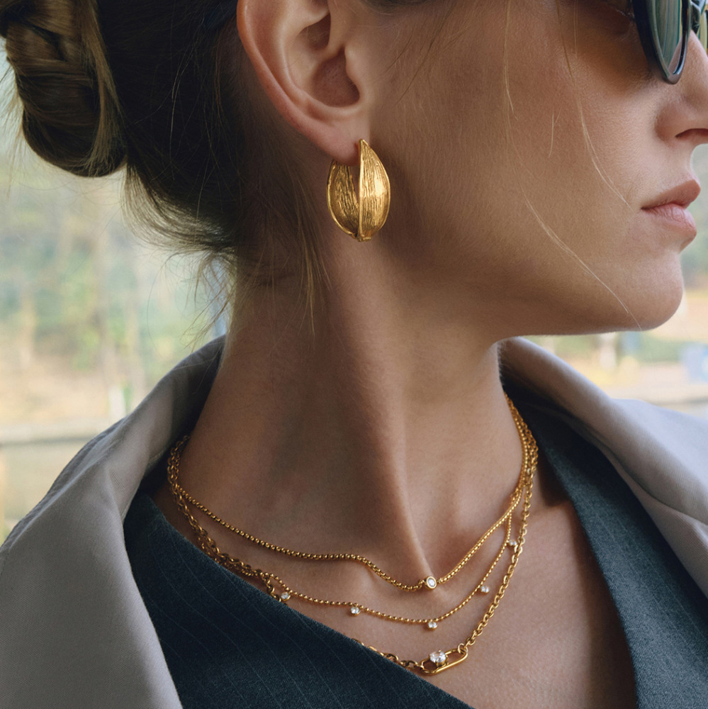 Waterproof PVD Gold Plated Leaf Texture Geometric Hoop Earrings