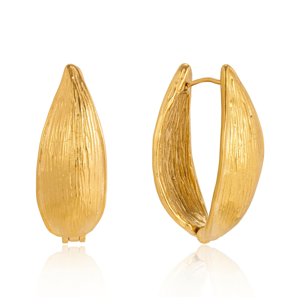 Waterproof PVD Gold Plated Leaf Texture Geometric Hoop Earrings