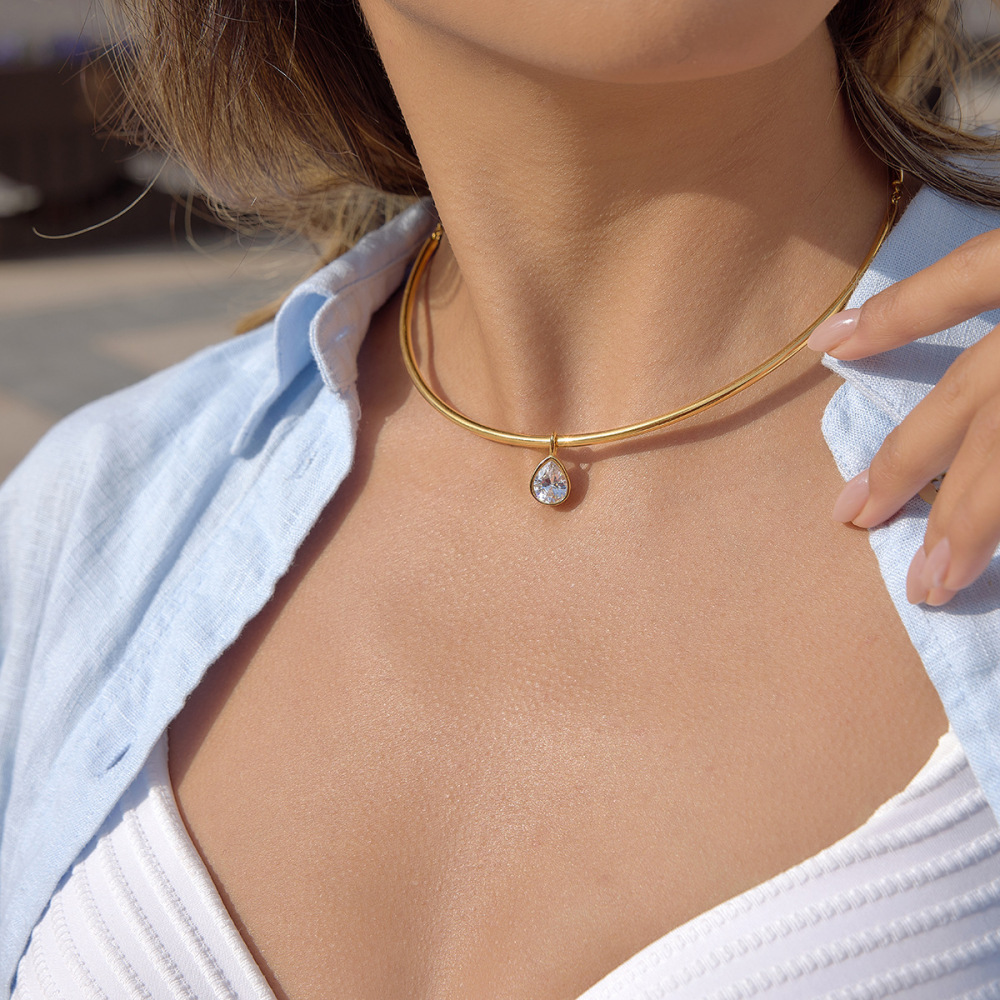 Waterproof Trendy Geometric CZ Pendant Choker Necklace