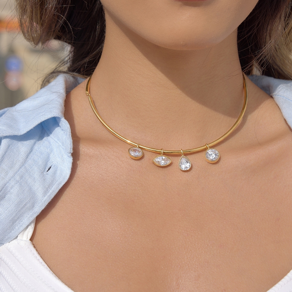 Waterproof Trendy Geometric CZ Pendant Choker Necklace