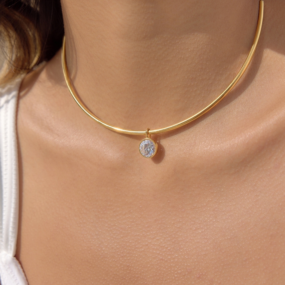 Waterproof Trendy Geometric CZ Pendant Choker Necklace
