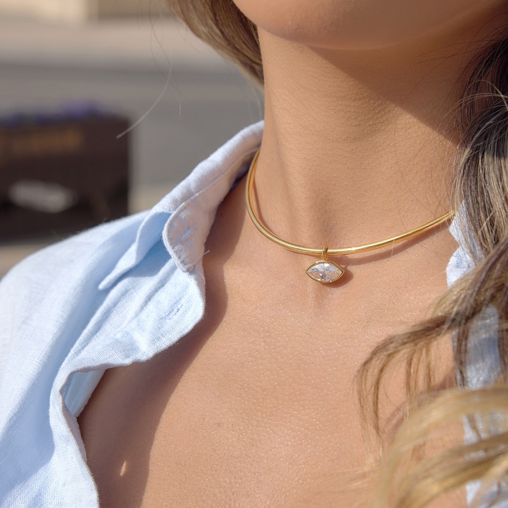 Waterproof Trendy Geometric CZ Pendant Choker Necklace