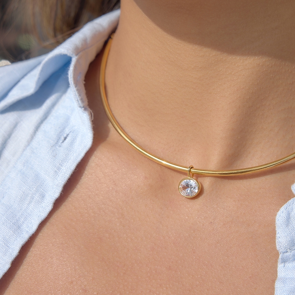 Waterproof Trendy Geometric CZ Pendant Choker Necklace