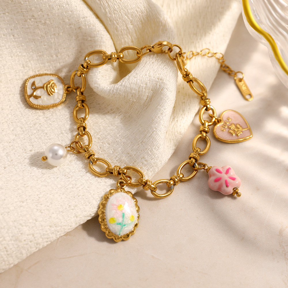 Tarnish Free Sweet Flower Heart Pearl Charms Bracelet