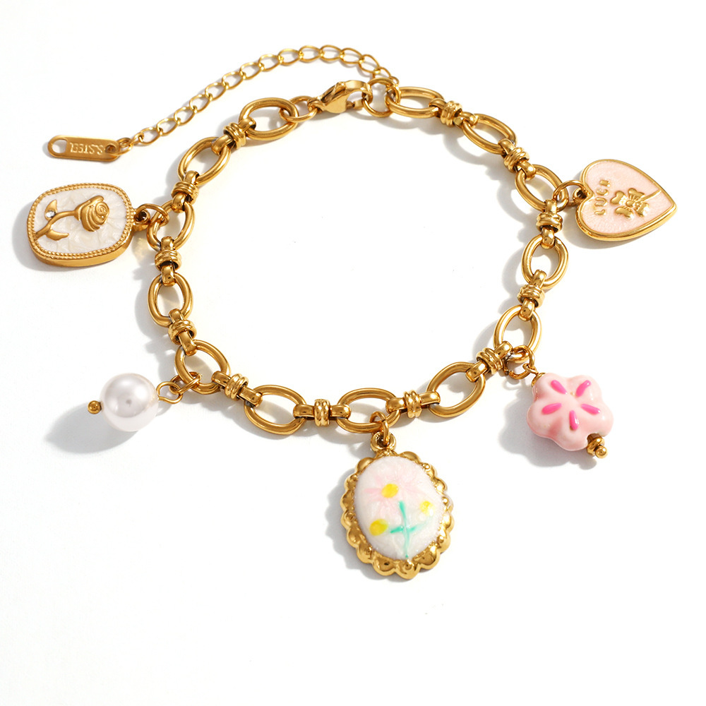 Tarnish Free Sweet Flower Heart Pearl Charms Bracelet