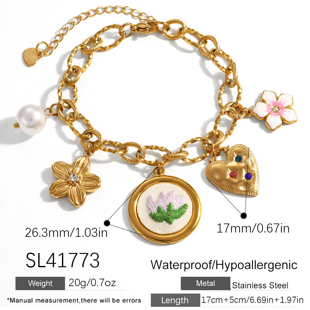 New Waterproof Stainless Steel Flower Heart Pearl Charms Bracelet