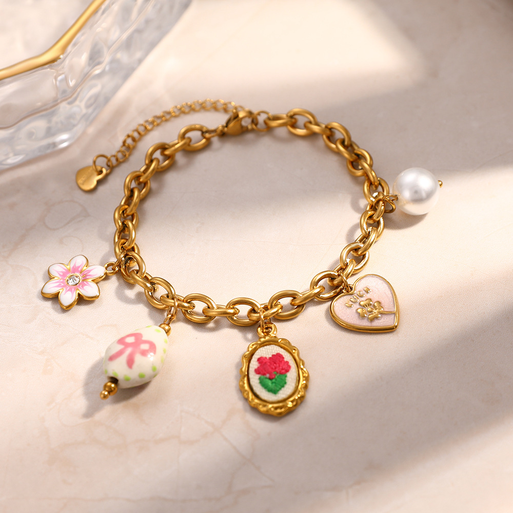 New Romantic Heart Flower Charms Bracelet