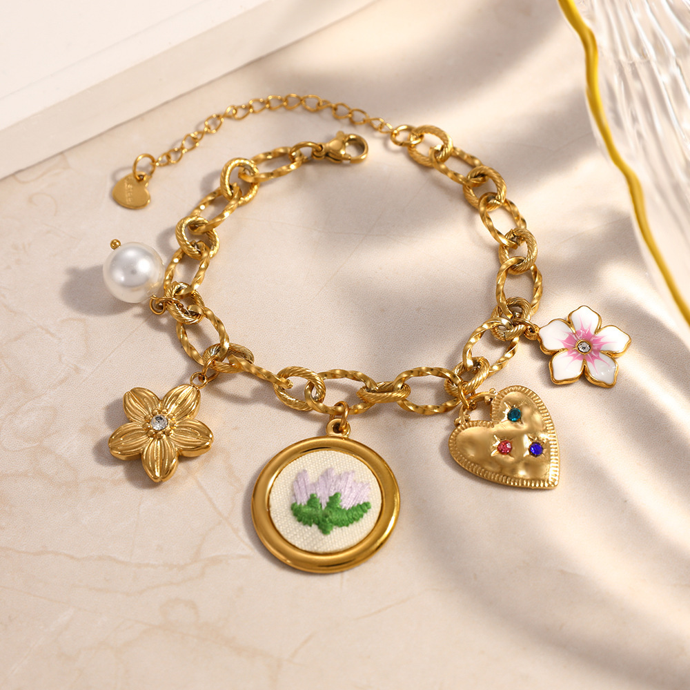 New Waterproof Stainless Steel Flower Heart Pearl Charms Bracelet