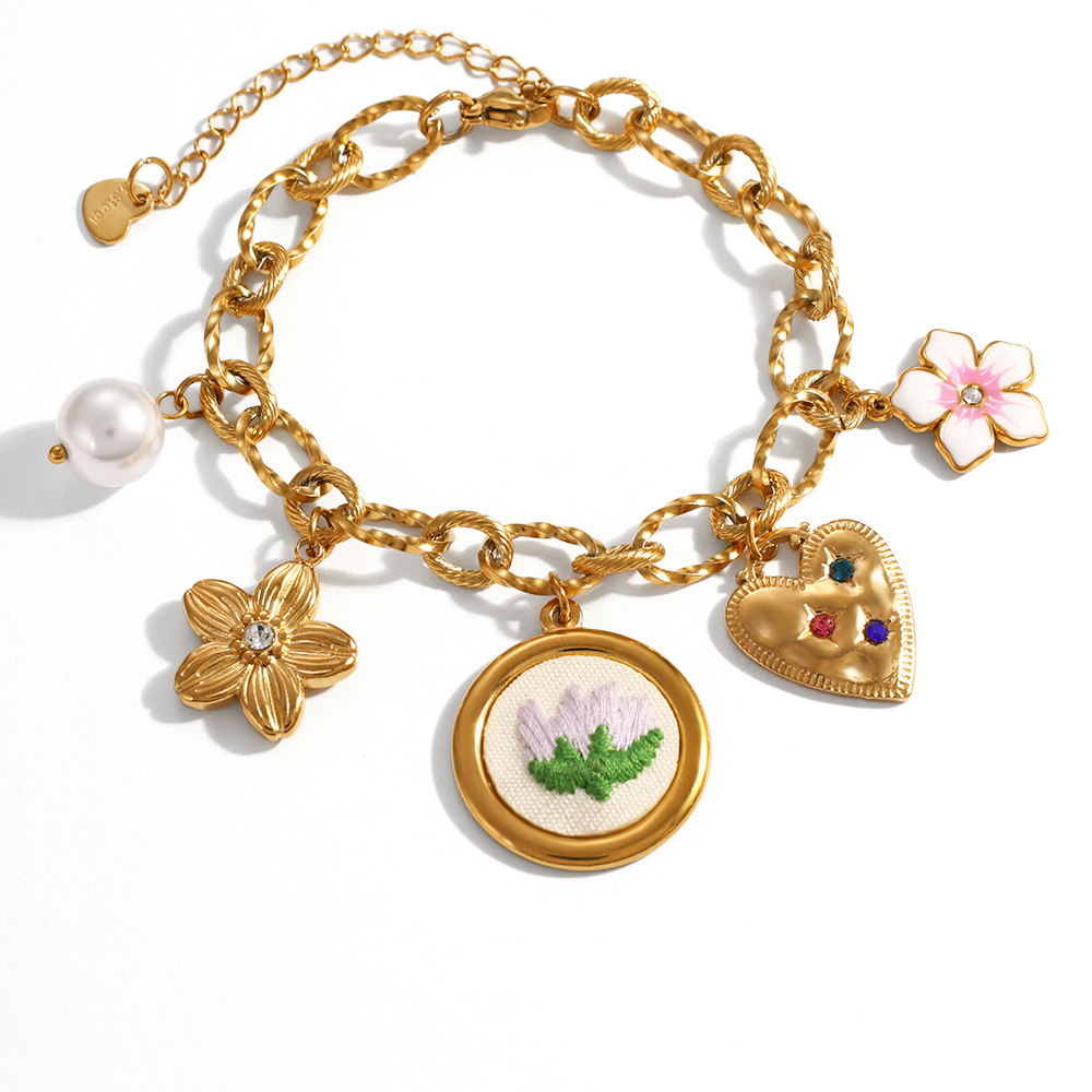 New Waterproof Stainless Steel Flower Heart Pearl Charms Bracelet