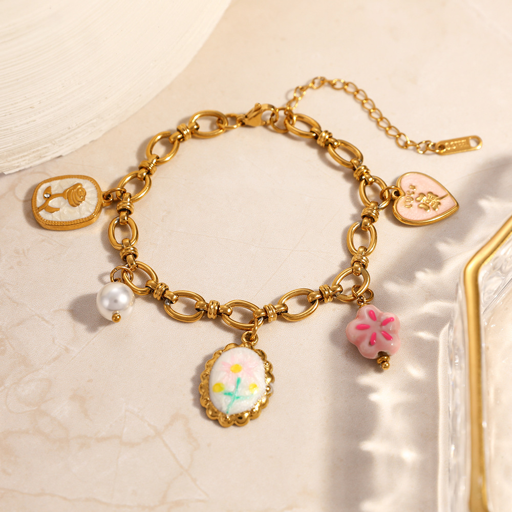 Tarnish Free Sweet Flower Heart Pearl Charms Bracelet