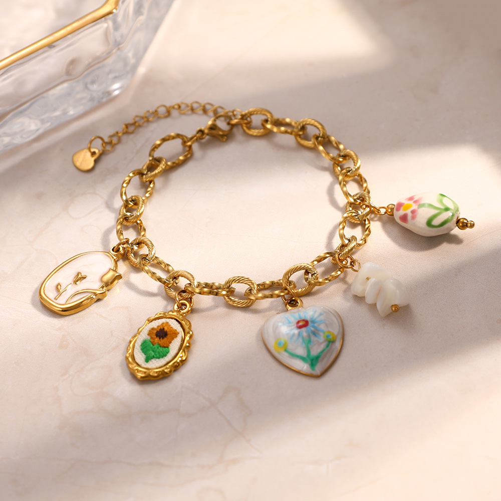 Trendy Stainless Steel Heart Flower Charms Bracelet