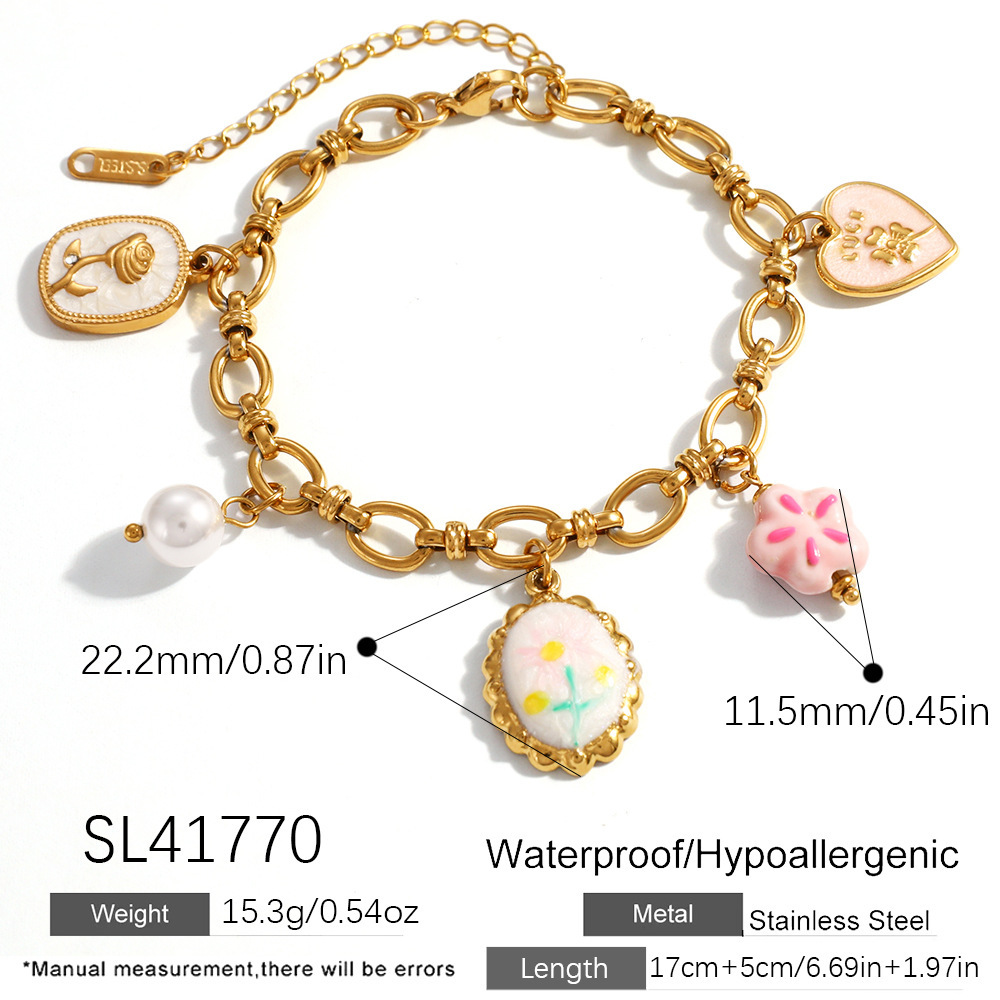 Tarnish Free Sweet Flower Heart Pearl Charms Bracelet