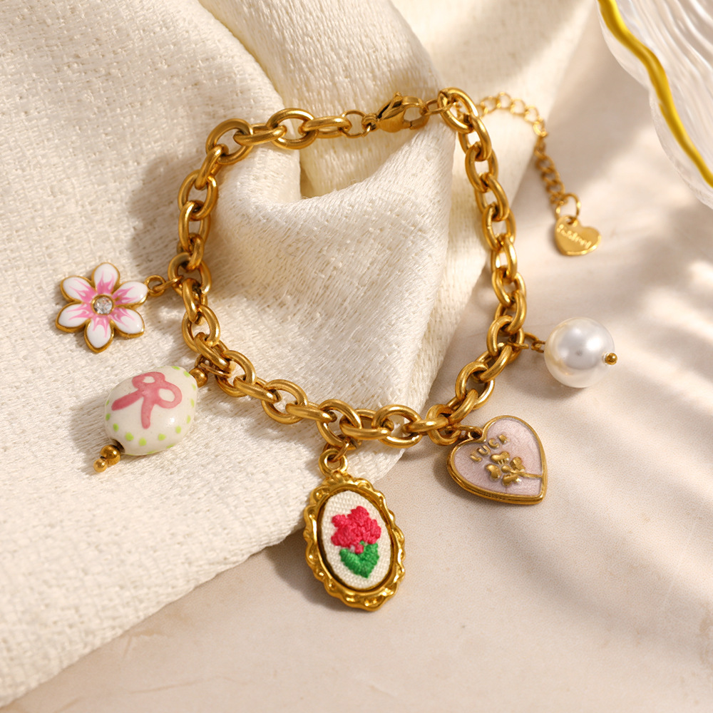 New Romantic Heart Flower Charms Bracelet