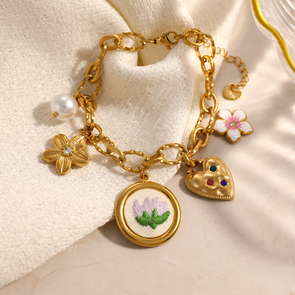New Waterproof Stainless Steel Flower Heart Pearl Charms Bracelet