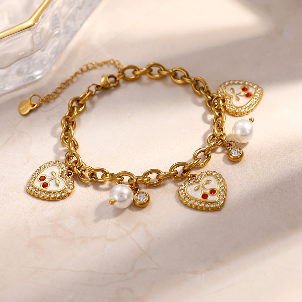 Trendy Stainless Steel CZ Heart Cherry Pearl Charms Bracelet