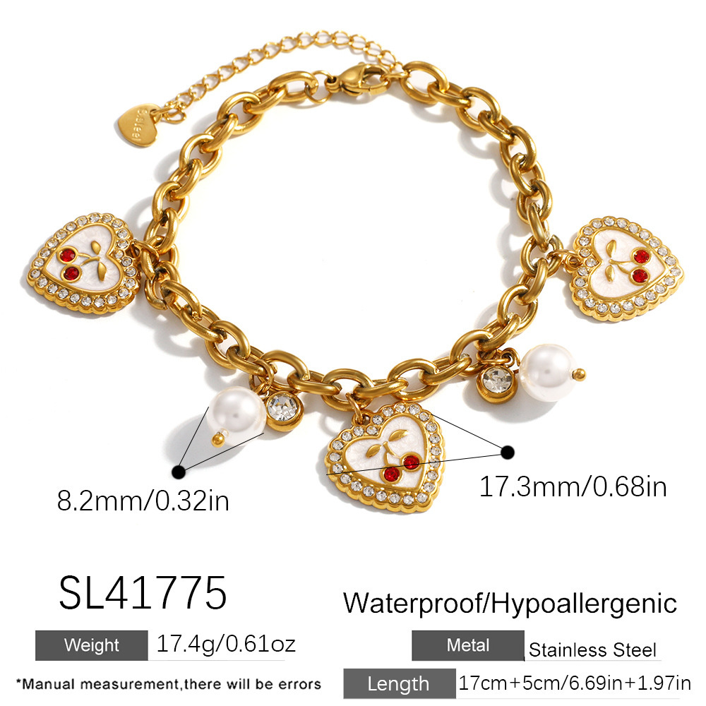 Trendy Stainless Steel CZ Heart Cherry Pearl Charms Bracelet
