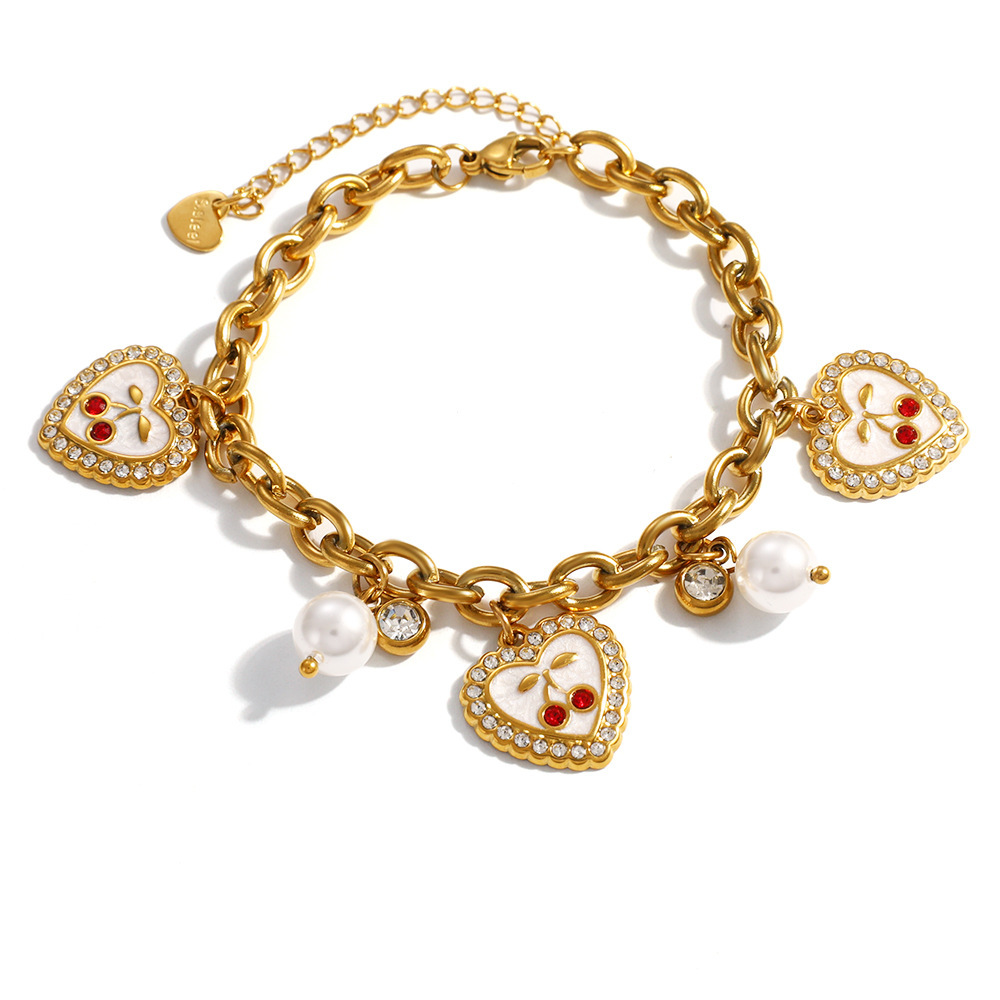 Trendy Stainless Steel CZ Heart Cherry Pearl Charms Bracelet