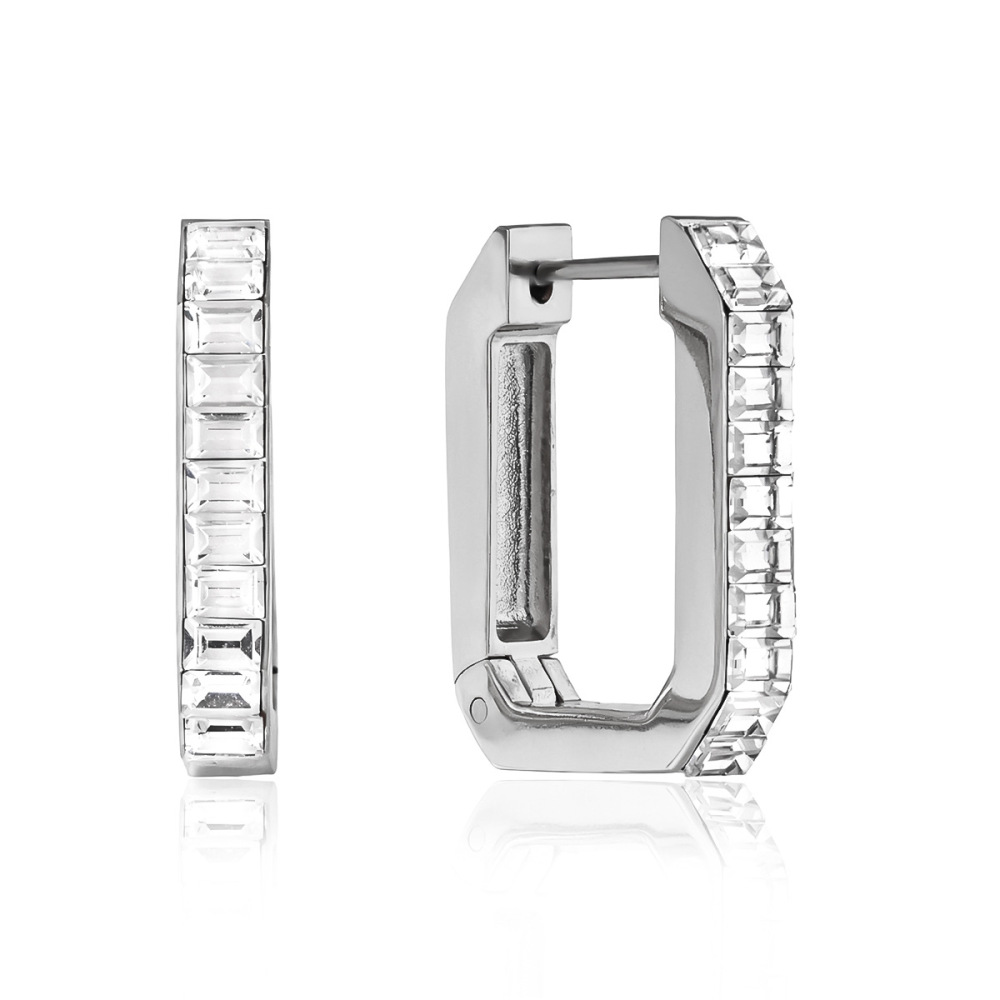 Stainless Steel Rectangle Shaped Zircon Hoop Earrings