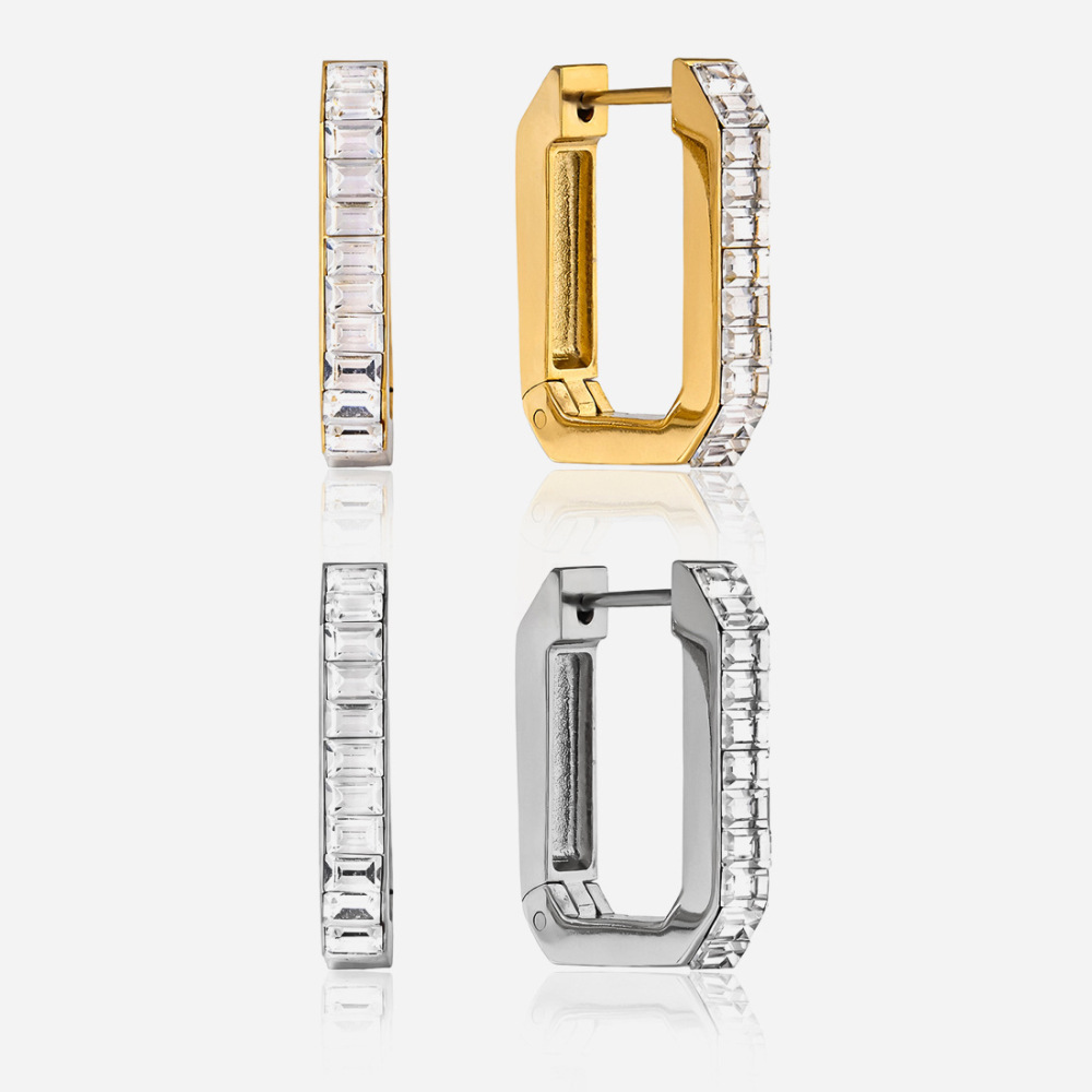 Stainless Steel Rectangle Shaped Zircon Hoop Earrings