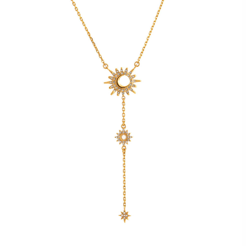 Stainless Steel CZ Star and Moon Y-shaped Necklace