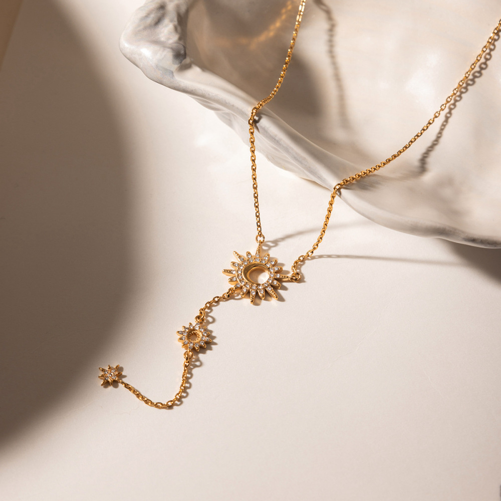 Stainless Steel CZ Star and Moon Y-shaped Necklace
