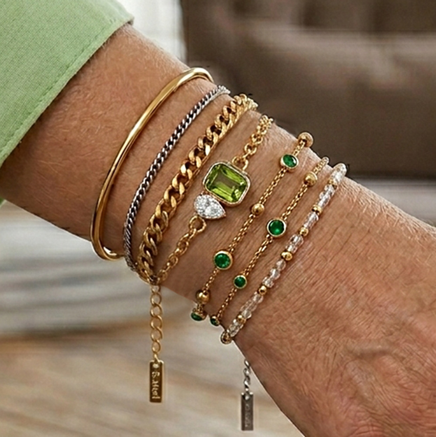 New Stainless Steel Emerald CZ Chain Bracelets Set