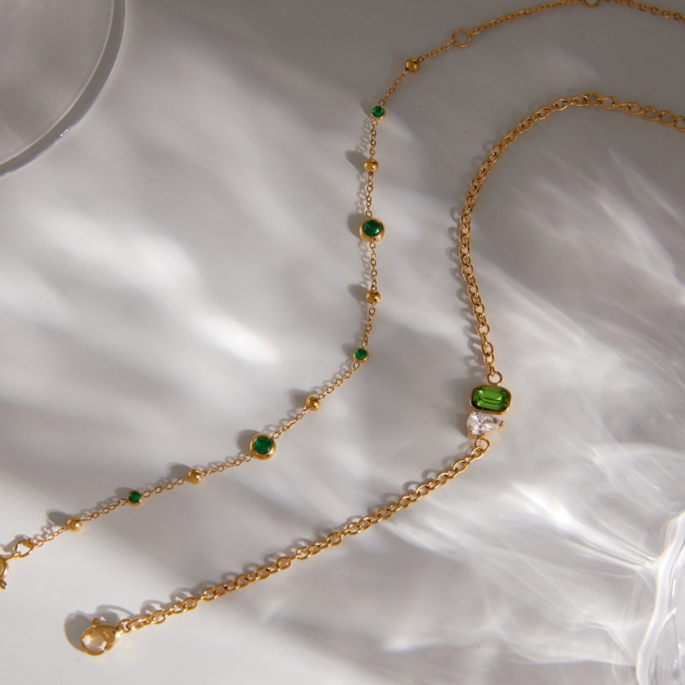 New Stainless Steel Emerald CZ Chain Bracelets Set