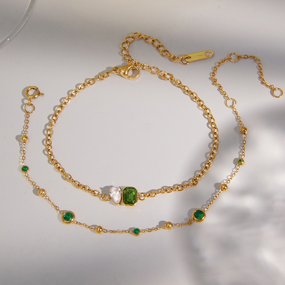 New Stainless Steel Emerald CZ Chain Bracelets Set
