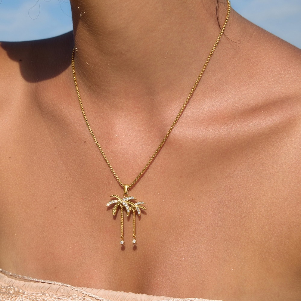 Hot Selling Ocean Beach Vacation Style CZ Coconut Palm Necklace Stud Earrings Ring Set