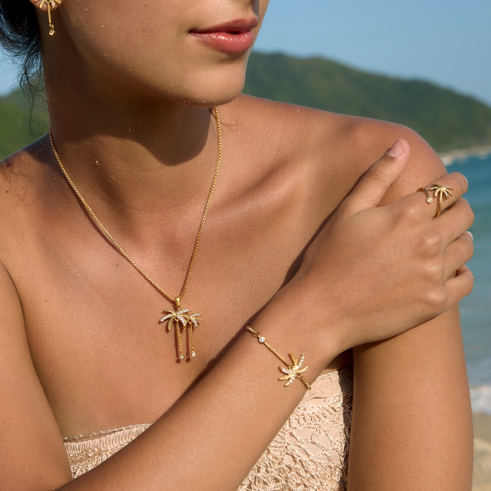 Hot Selling Ocean Beach Vacation Style CZ Coconut Palm Necklace Stud Earrings Ring Set