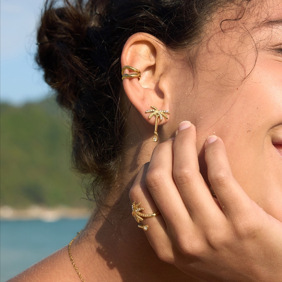 Hot Selling Ocean Beach Vacation Style CZ Coconut Palm Necklace Stud Earrings Ring Set