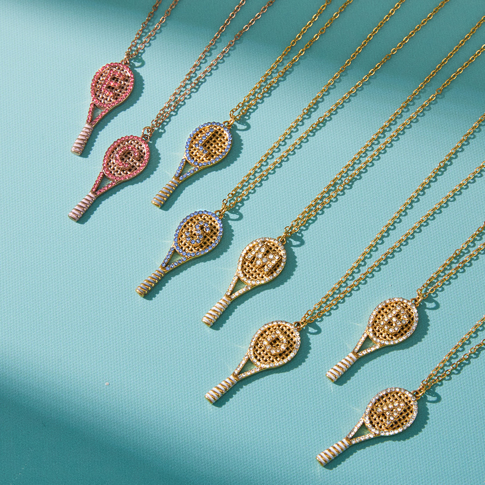 New Sports Style CZ Initial Letters Tennis Racket Pendant Necklace