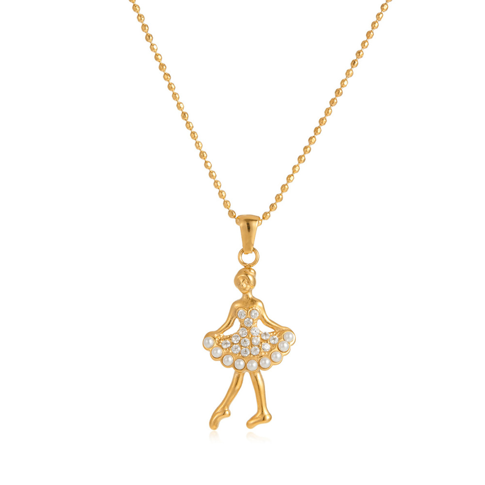 Stainless Steel Sweet CZ Pearl Ballerina Pendant Necklace