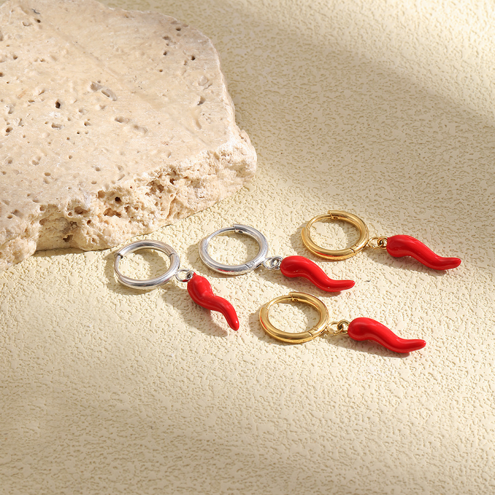 Hot Stainless Steel Hypoallergenic Red Chili Hoop Earrings