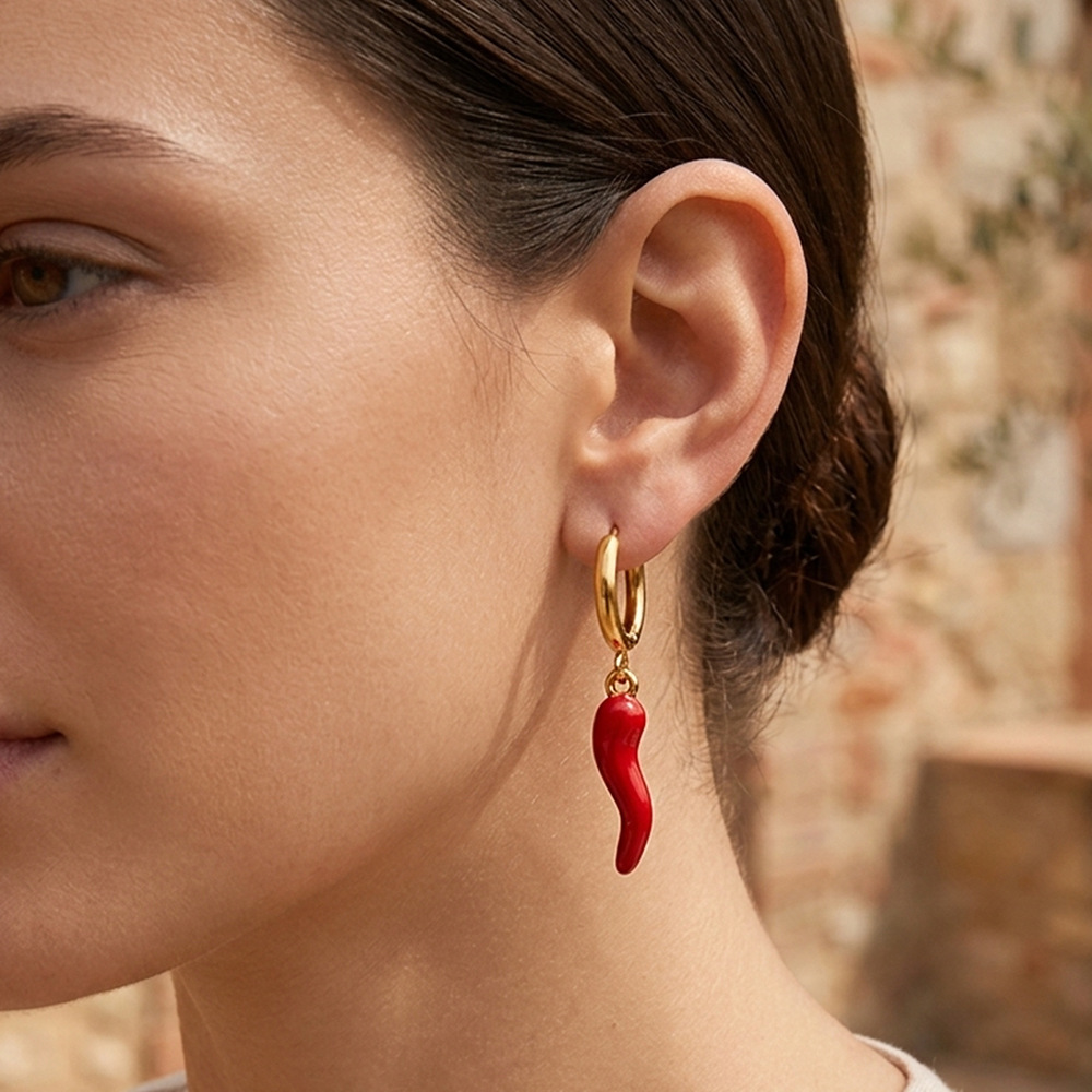 Hot Stainless Steel Hypoallergenic Red Chili Hoop Earrings