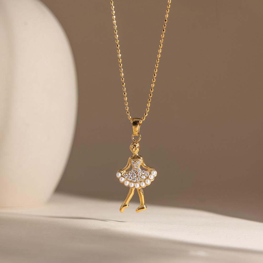 Stainless Steel Sweet CZ Pearl Ballerina Pendant Necklace