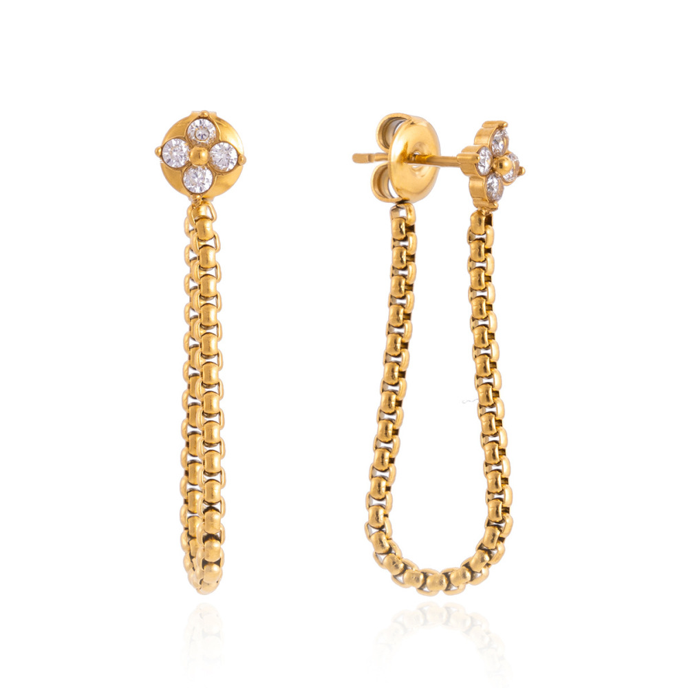 Hot Stainless Steel CZ Four Leaf Clover Tassel Earrings