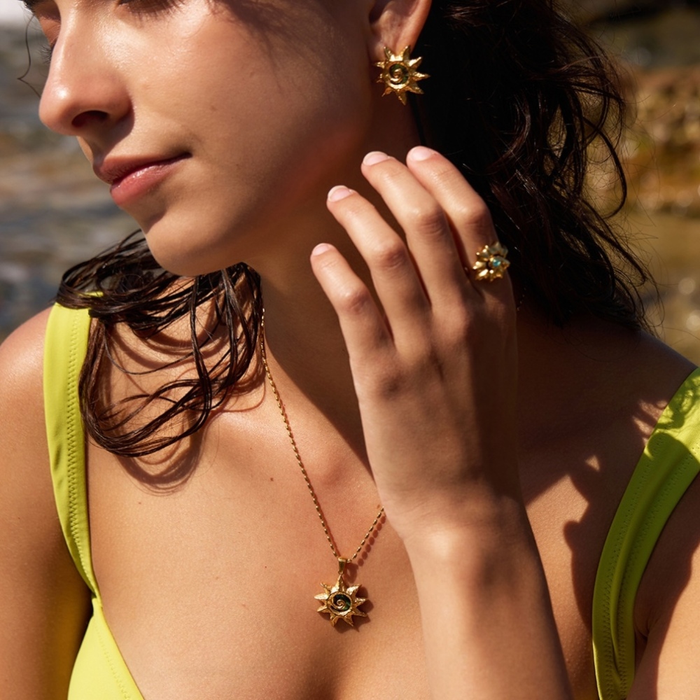 New Stainless Steel Abalone Shell Sun Shaped Pendant Necklace & Ring Set