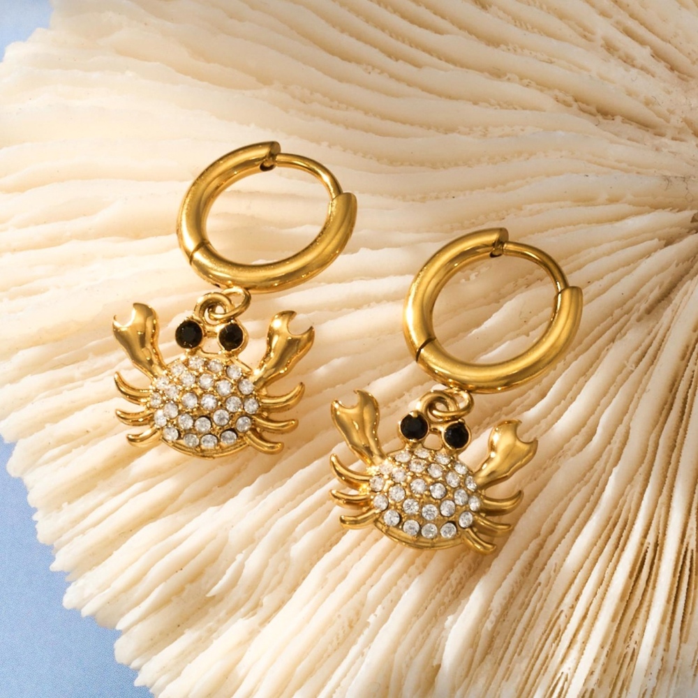Hot Seller Stainless Steel Ocean Beach Vacation Series CZ Crab Hoop Earrings