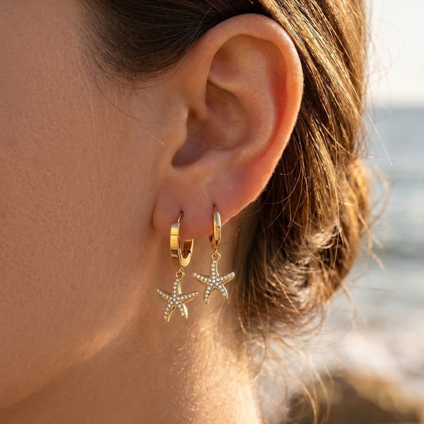 Hot Seller Stainless Steel Ocean Beach Vacation Series CZ Starfish Hoop Earrings