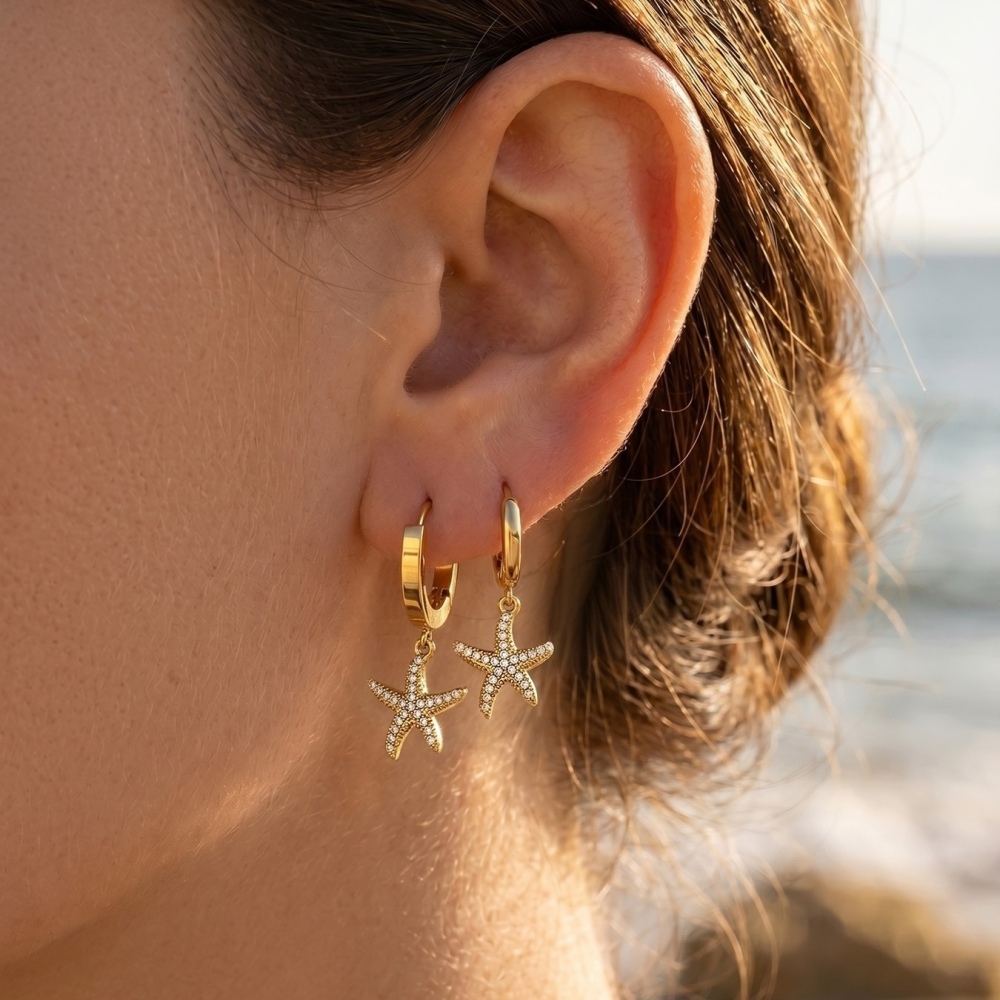 Hot Seller Stainless Steel Ocean Beach Vacation Series CZ Starfish Hoop Earrings