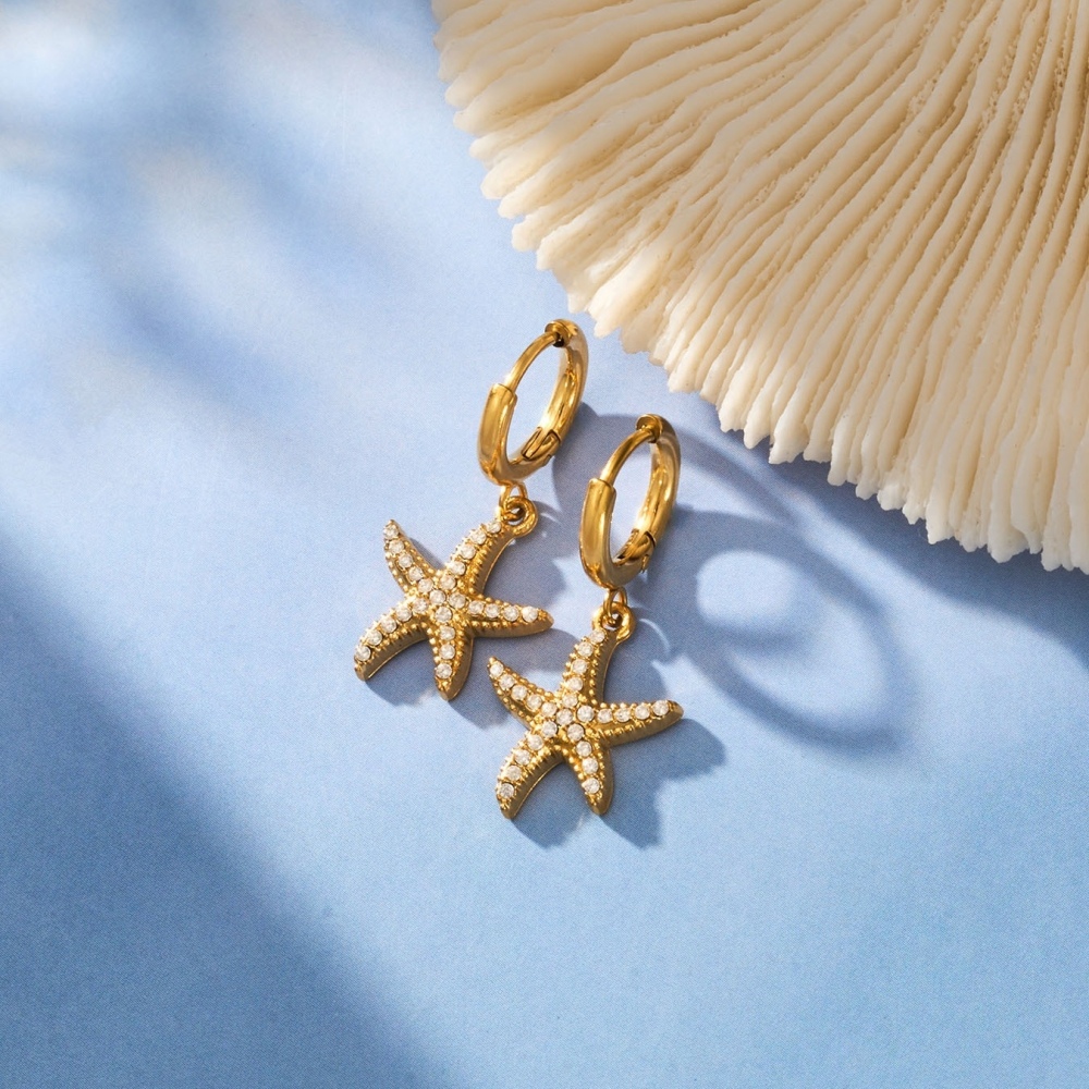 Hot Seller Stainless Steel Ocean Beach Vacation Series CZ Starfish Hoop Earrings